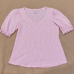 Talbots modal / cotton blend Pink & White Striped V-Neck puff sleeve knit top